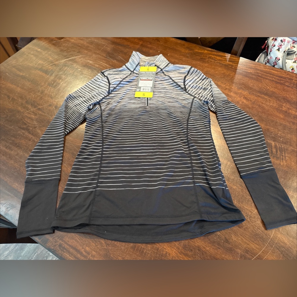 NWT- Kirkland Signature Ladies' Quarter Zip - Black and Gray Stripes Size Small